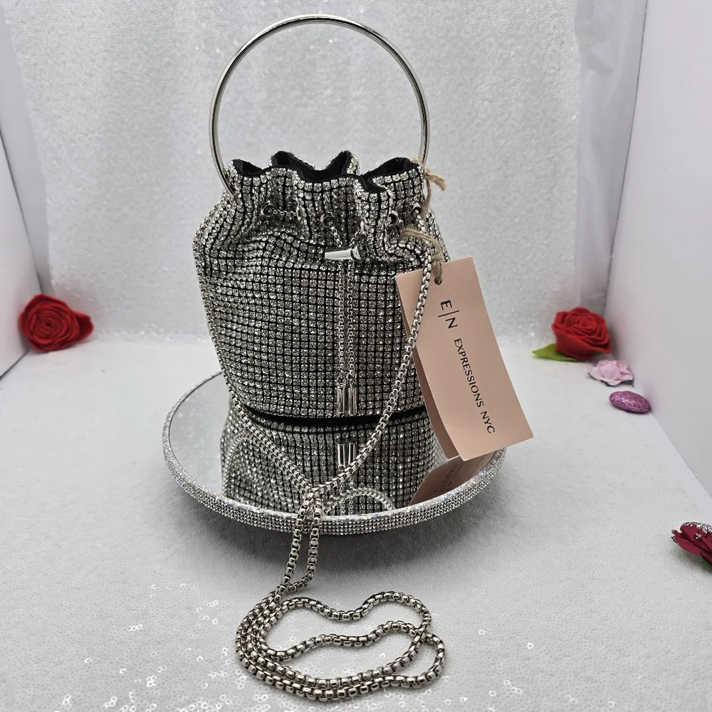 E|N Expressions NYC Rhinestone Small Bucket Bag Top Handle Shoulder Silver-tone